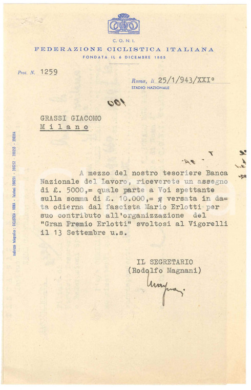 1943 CICLISMO C.O.N.I. ROMA Lettera Rodolfo MAGNANI per Gran Premio ERLOTTI