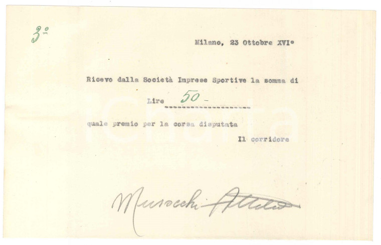 1938 CICLISMO Milano Vigorelli - Ricevuta Attilio MUSOCCHI ingaggio *AUTOGRAFO
