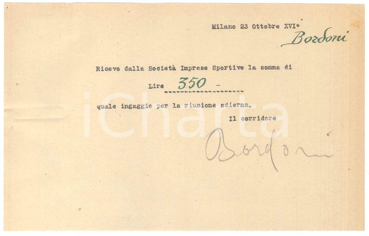 1938 CICLISMO Milano Vigorelli - Ricevuta Adolfo BORDONI per ingaggio *AUTOGRAFO