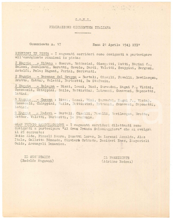 1943 CONI CICLISMO - Riunioni in pista - Gran Premio Salsomaggiore *Comunicato