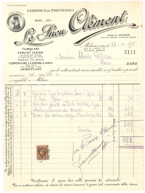 1938 MILANO via Lippi 17 - Fabbrica pneumatici LE PNEU CLEMENT - Fattura