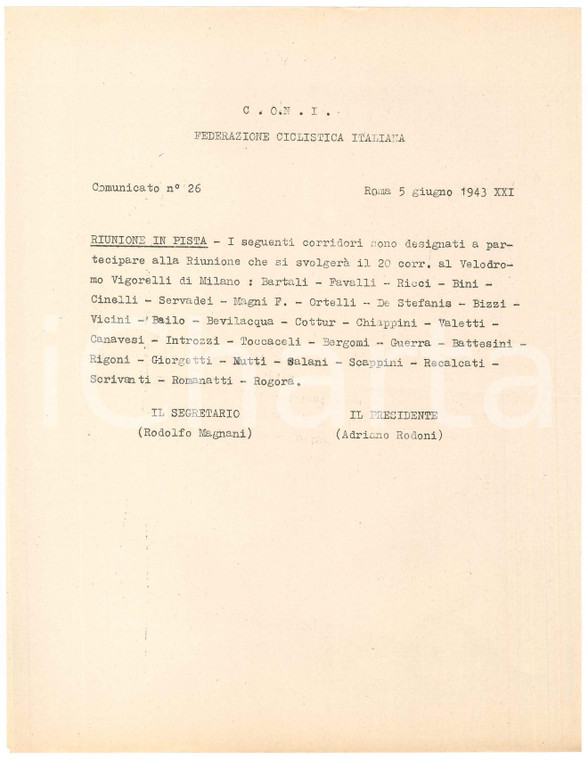 1943 CONI CICLISMO - Riunione al Velodromo Vigorelli di Milano - Comunicato
