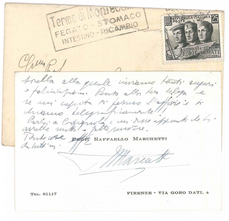 1953 FIRENZE Raffaello MARCHETTI - Biglietto da visita auguri AUTOGRAFO