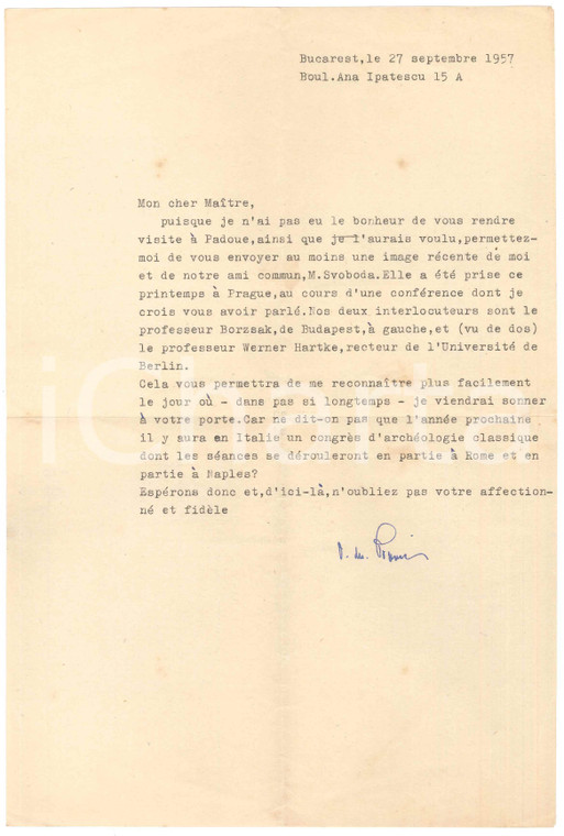 1957 BUCAREST Storico Dionisie PIPPIDI prevede un viaggio in Italia - Autografo
