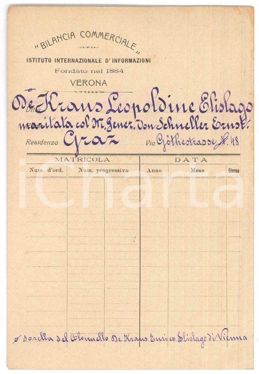 1915 ca VERONA - BILANCIA COMMERCIALE - Scheda Leopoldine KRAUS ELISLAGO