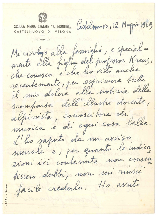 1969 CASTELNUOVO DI VERONA Lettera Giovanni GAGLIARDI preside medie - AUTOGRAFO