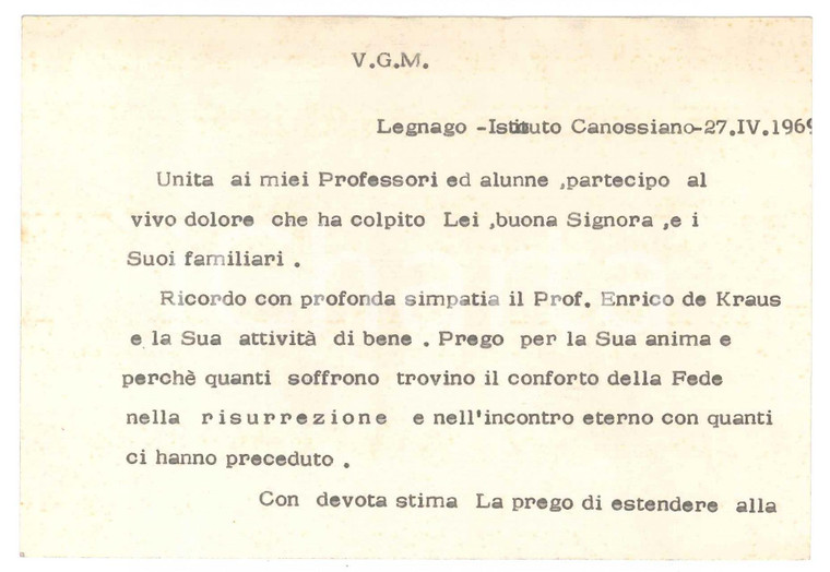 1969 LEGNAGO Istituto Canossiano - Maria BELTRAME preside - Biglietto AUTOGRAFO