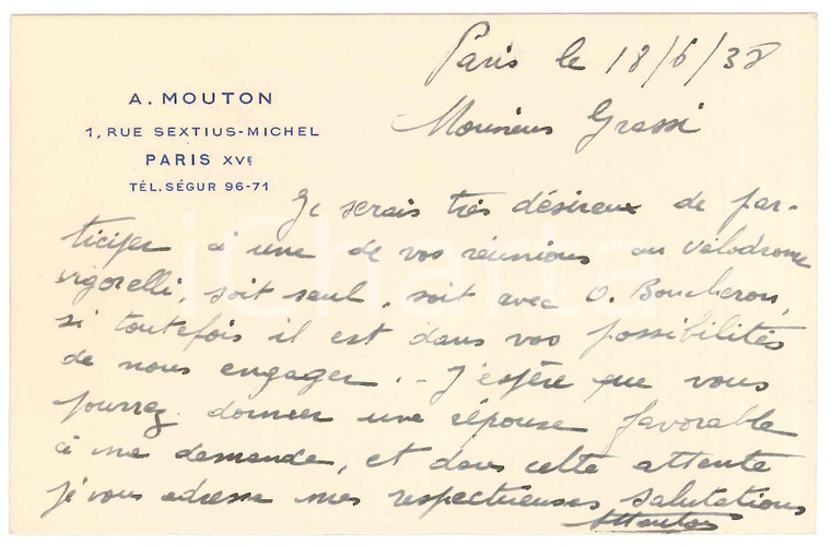 1938 PARIS - CYCLISME - André MOUTON demande engagement *Autographe