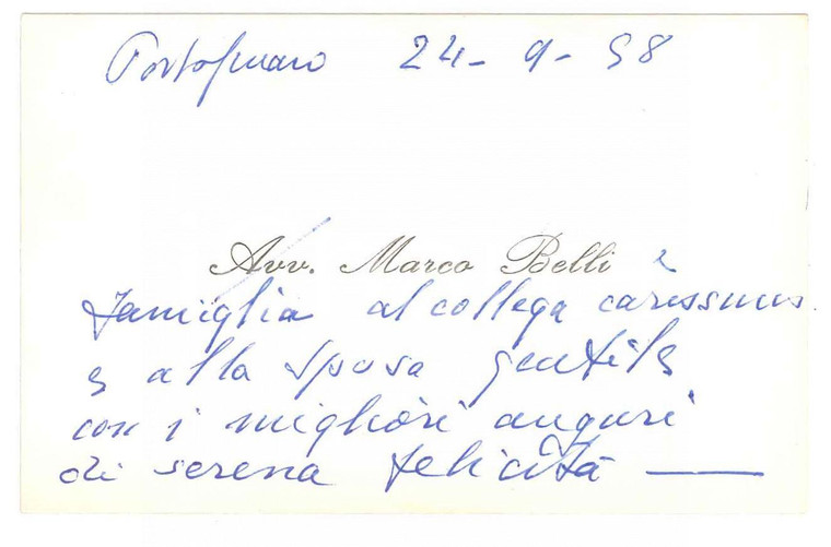 1958 PORTOGRUARO Avv. Marco BELLI - Biglietto da visita AUTOGRAFO