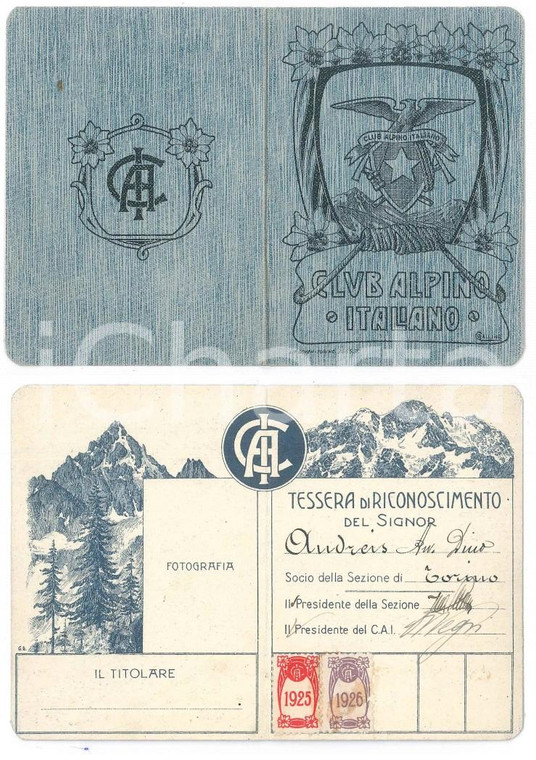 1925 CLUB ALPINO ITALIANO TORINO Tessera avv. Dino ANDREIS