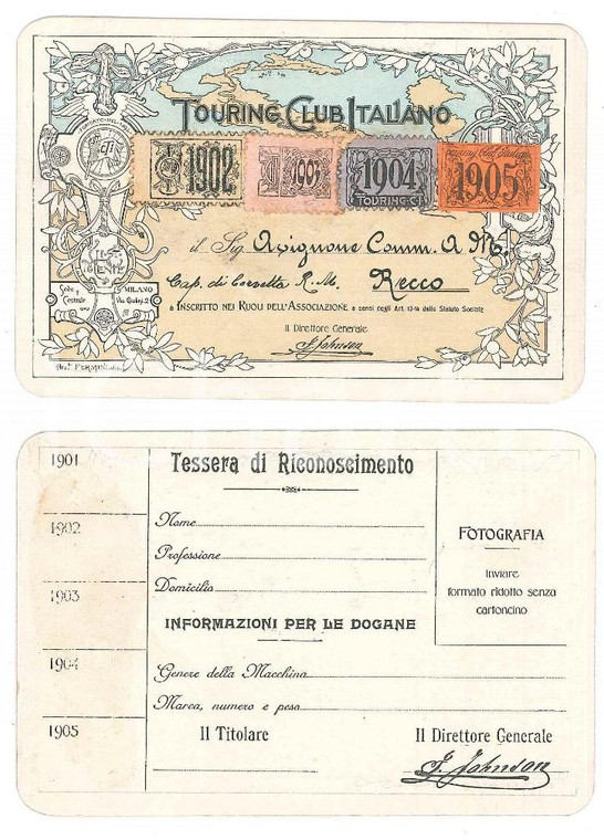 1902 TOURING CLUB RECCO Tessera Comm. AVIGNONE capitano di corvetta