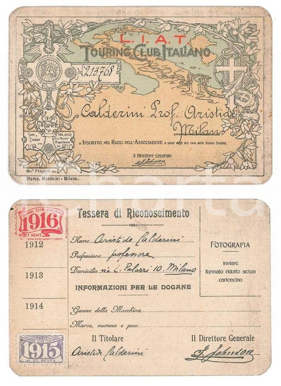 1915 TOURING CLUB ITALIANO MILANO Tessera prof. Aristide CALDERINI ^Autografo