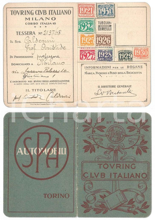 1921 TOURING CLUB ITALIANO MILANO Tessera prof. Aristide CALDERINI *Autografo
