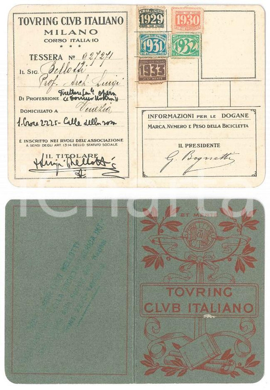 1921 TOURING CLUB ITALIANO VENEZIA Tessera Luigi BELLOTTI architetto *Autografo