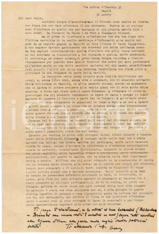 1945 ca NAPOLI Cesare FOLIGNO sull'attività accademica a Padova - AUTOGRAFO