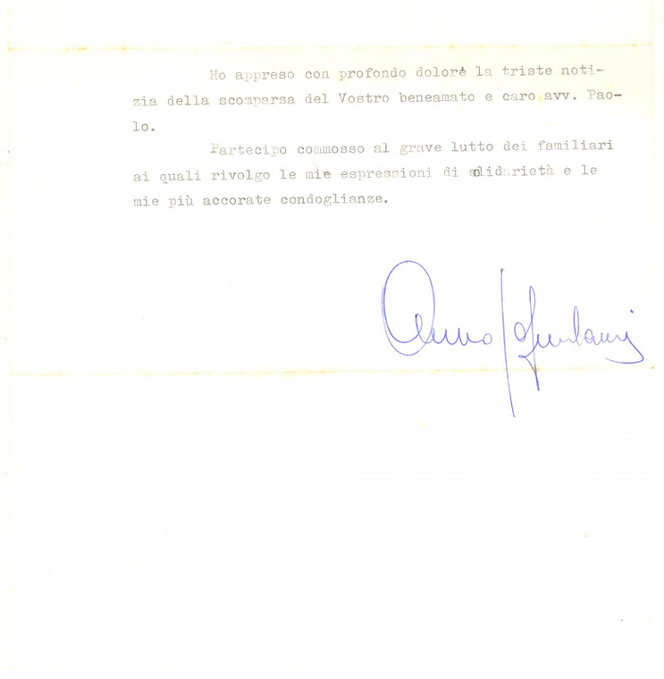 1971 PORTOGRUARO Armando FURLANIS - Lettera condoglianze *Autografo