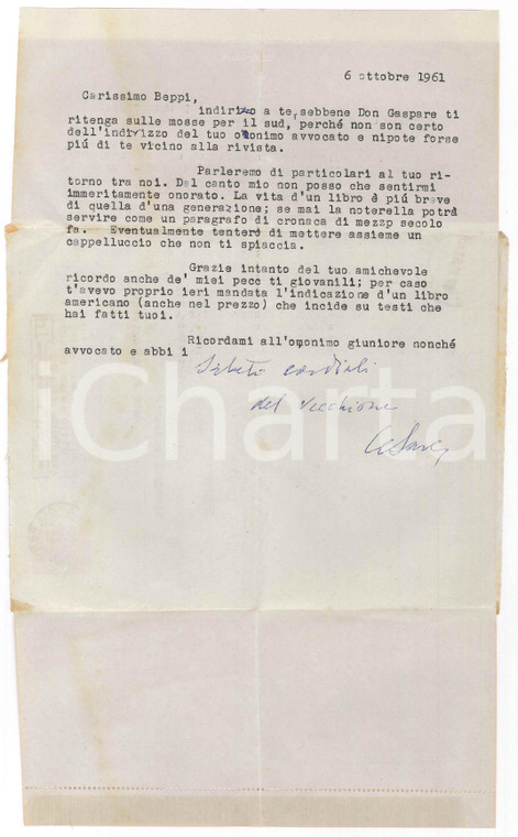 1961 NAPOLI Lettera Cesare FOLIGNO su introduzione a un volume *AUTOGRAFO