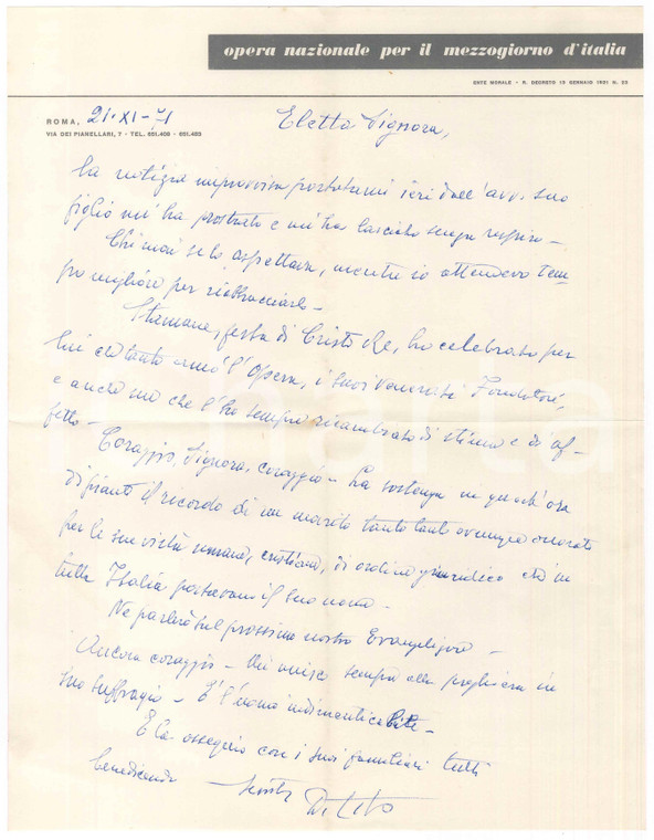 1971 ROMA Lettera don Tito PASQUALI - Ente Nazionale Mezzogiorno - AUTOGRAFO