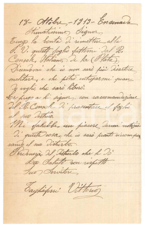 1913  BUENOS AIRES Lettera emigrato Vittorio TAGLIAFERRI "non più disertore"