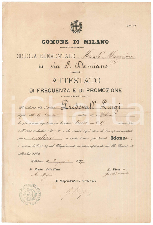 1877 MILANO Scuola Elementare via S. Damiano - Attestato Luigi PREDEVAL