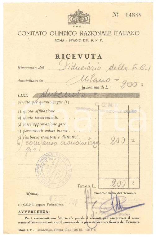 1942 ROMA CONI Ricevuta a fiduciario Federazione CICLISMO per cronometraggio
