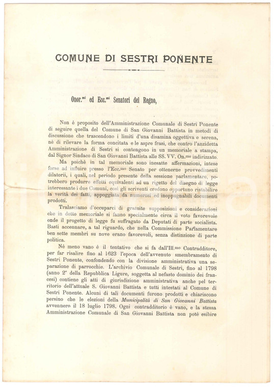 1902 Comune SESTRI PONENTE Appello giunta su annessione SAN GIOVANNI BATTISTA