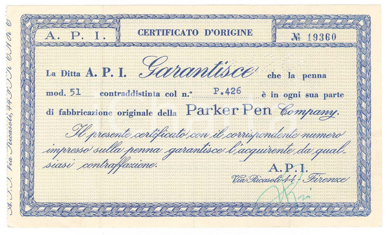 1955 ca FIRENZE Ditta API Certificato d'origine PARKER PEN 51 n. P.426 - 17x10