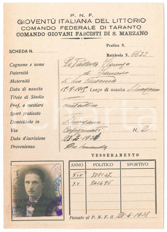 1934 SAN MARZANO - PNF Florenzo DE PADOVA Iscrizione Gioventù italiana Littorio