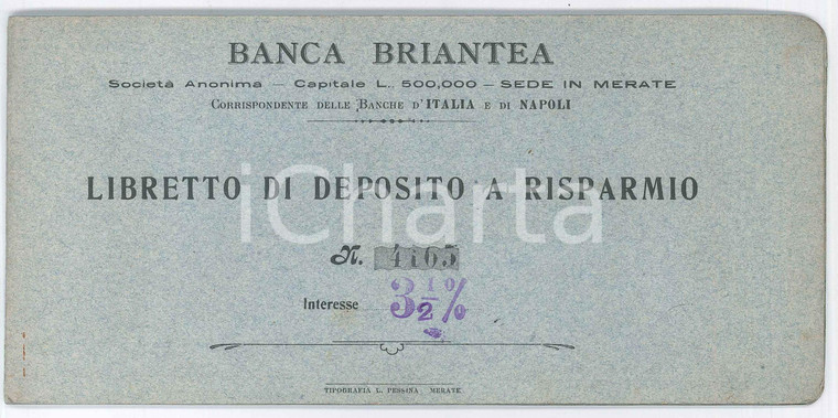 1928 MERATE Banca Briantea - Libretto di deposito a risparmio 21x10 cm (1)