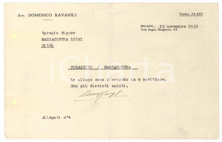 1935 MILANO Lettera avv. Domenico RAVAIOLI per invio scritture ^Autografo
