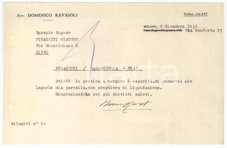 1935 MILANO Lettera avv. Domenico RAVAIOLI per saldo pratica ^Autografo