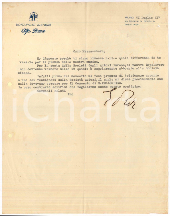 1937 MILANO - ALFA ROMEO Dopolavoro Aziendale  - Lettera per concerto