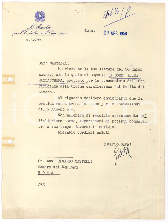 1958 ROMA Lettera ministro Silvio GAVA per concessione onorificenza *Autografo