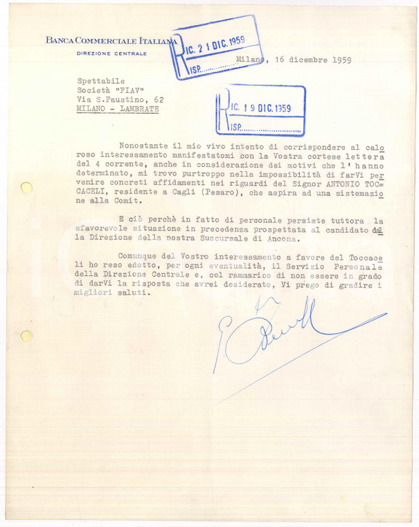 1959 MILANO Banca Commerciale Italiana - Lettera Giuseppe BEVILACQUA Autografo