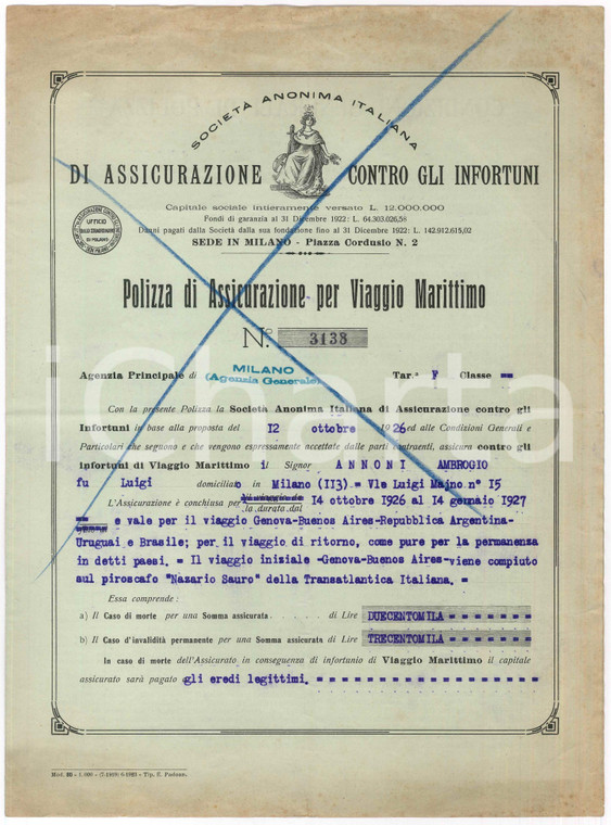 1926 MILANO - SAI Assicurazione - Polizza di viaggio arch. Ambrogio ANNONI