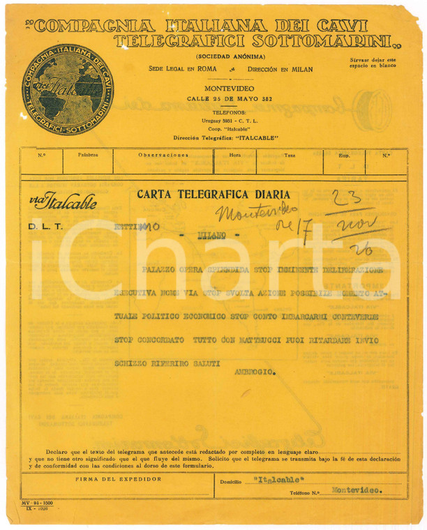 1926 MONTEVIDEO (URUGUAY) Telegramma Ambrogio ANNONI per rientro in Italia