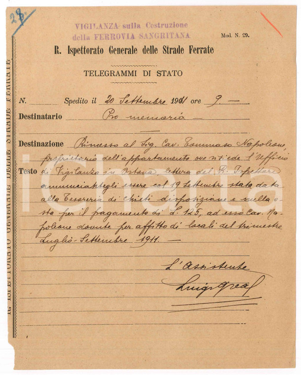 1911 ORTONA - FERROVIE - Documento assistente Luigi GREA per affitto di locali