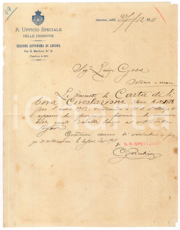 1911 FERROVIE ANCONA Lettera G. COZZOLINO su invio carta libera di circolazione