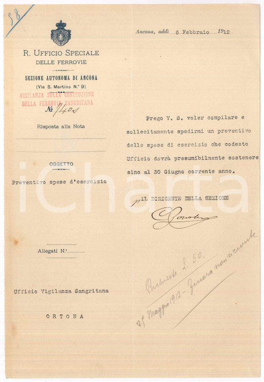 1912 FERROVIE ANCONA Lettera G. COZZOLINO per richiesta preventivo spese