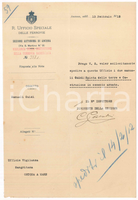 1912 FERROVIE ANCONA Lettera G. COZZOLINO per spedizione manuali Guidi
