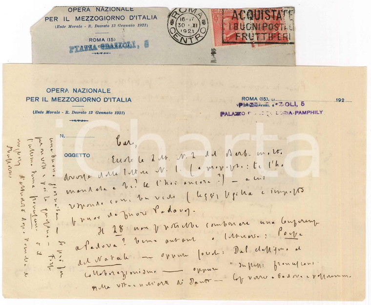 1925 ROMA Padre Giovanni SEMERIA chiede aiuto per conferenza a Padova *AUTOGRAFO