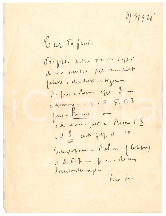 1926 s. l. Lettera padre Giovanni SEMERIA - Appuntamenti a Roma *AUTOGRAFO