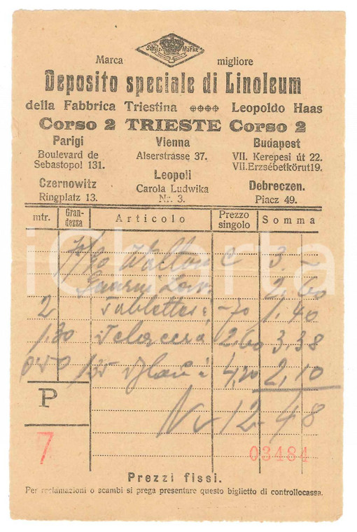 1910 ca TRIESTE Fabbrica Leopoldo HAAS - Cerate e linoleum - Biglietto