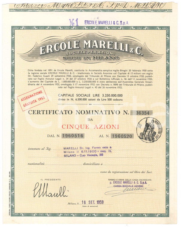 1959 MILANO Ercole MARELLI & C. - Certificato azionario da cinque azioni