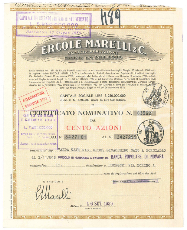 1959 MILANO Ercole MARELLI & C. - Certificato azionario da cento azioni