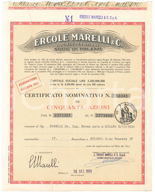 1959 MILANO Ercole MARELLI & C. - Certificato azionario da cinquanta azioni