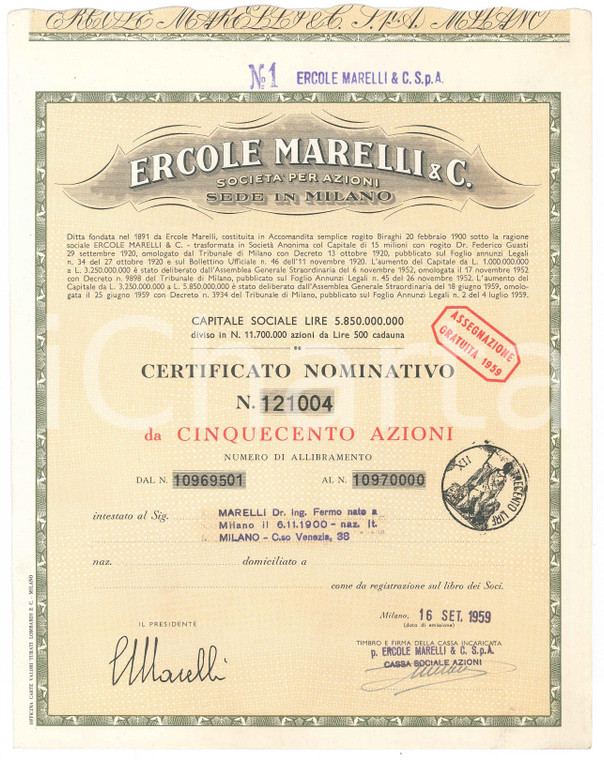 1959 MILANO Ercole MARELLI & C. - Certificato azionario da cinquecento azioni