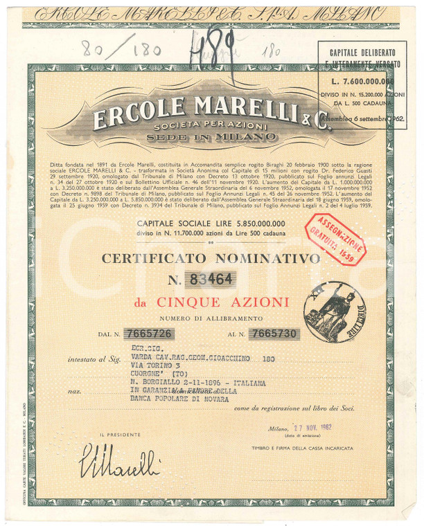1962 MILANO Ercole MARELLI & C. - Certificato azionario da cinque azioni