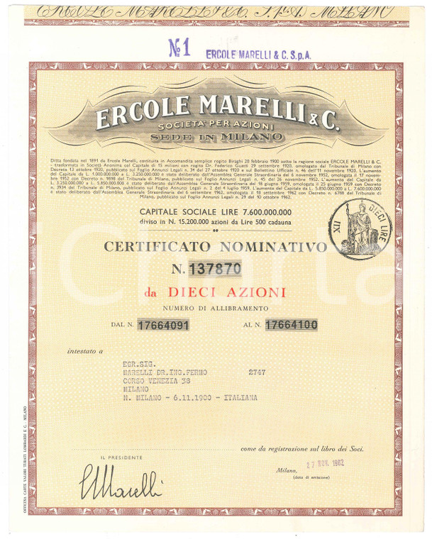 1962 MILANO Ercole MARELLI & C. - Certificato azionario da dieci  azioni