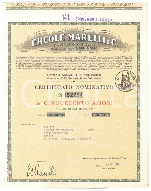 1962 MILANO Ercole MARELLI & C. - Certificato azionario da cinquecento azioni
